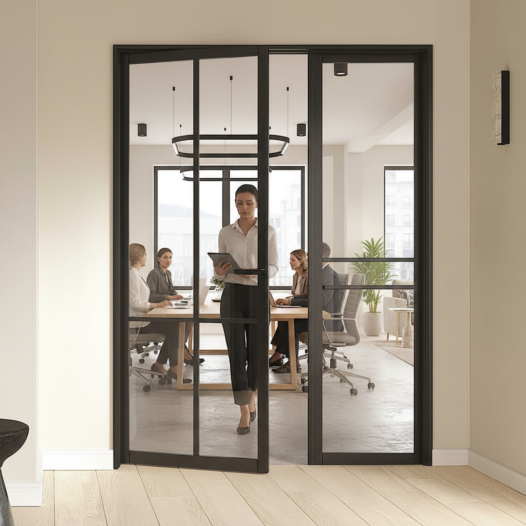 Premium Industrial Style Offset French Doors with Side Panel - Modern Design with Large Glass Panes for Open Spaces