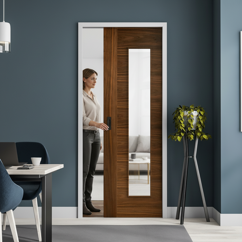 Premium Fully Finished Internal Pocket Door Set with Clear Glass Panel in Rich Walnut Frame for Modern Elegance and Space-Saving Design - Image 2