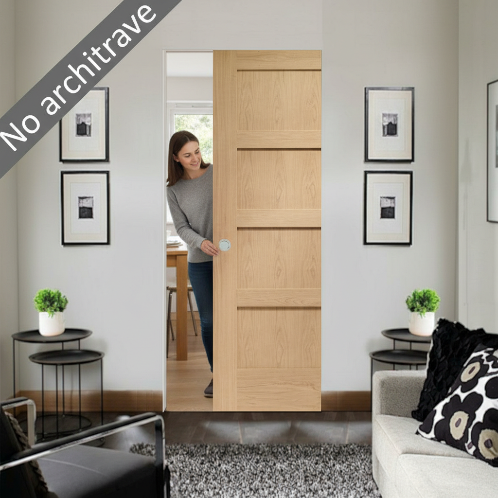 Premium Flush Pocket Door Set with 4 Shaker Panels and No Bottom Track for Modern and Traditional Interiors