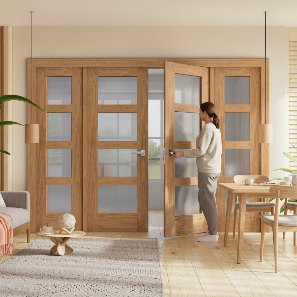 Internal Room Divider Set with 4 Unfinished Oak Shaker Doors and Obscure Glass Panels for Elegant Home Decor - Image 2