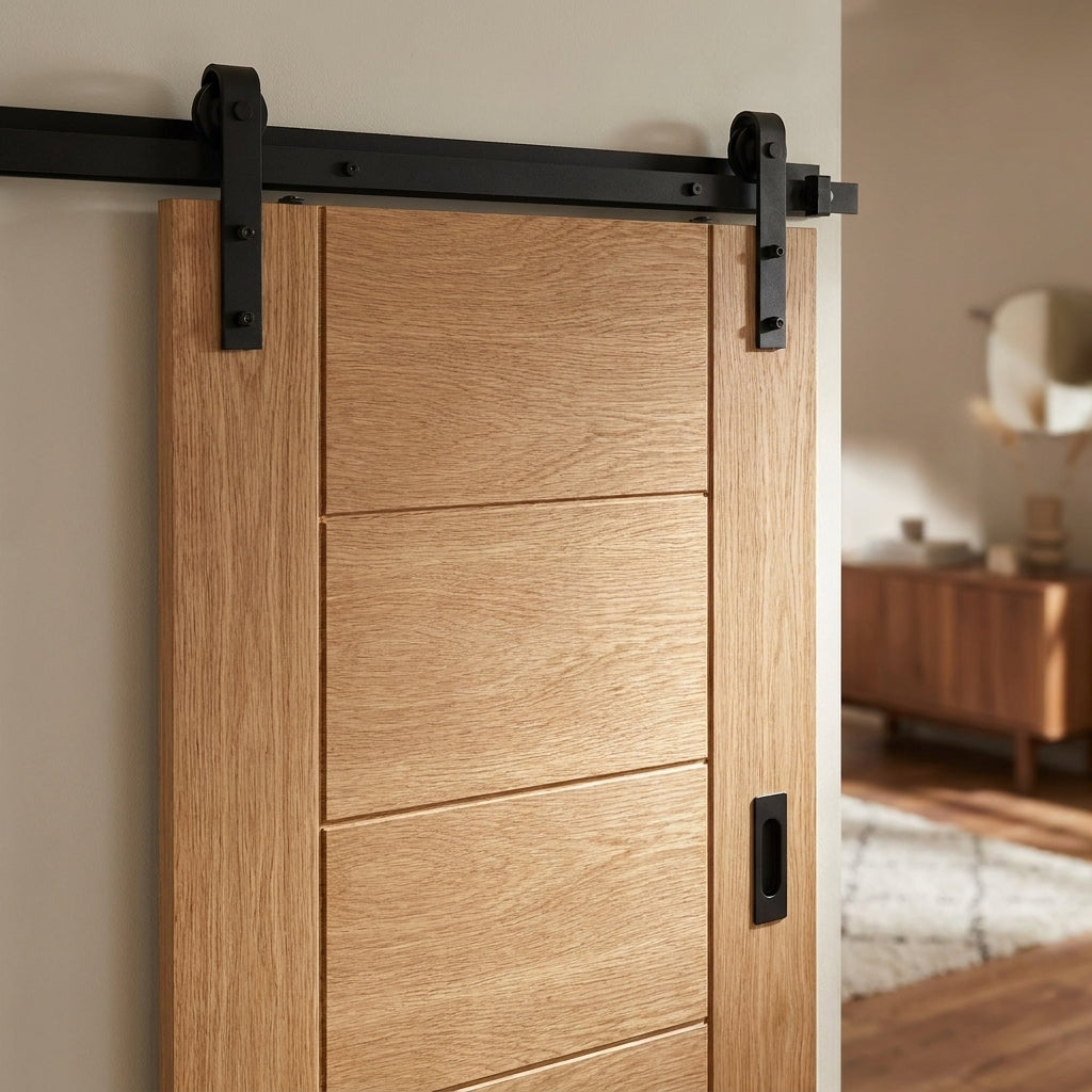Internal Oak Sliding Door, Fully Finished, Black Face Mounted, Solid Core - detail view
