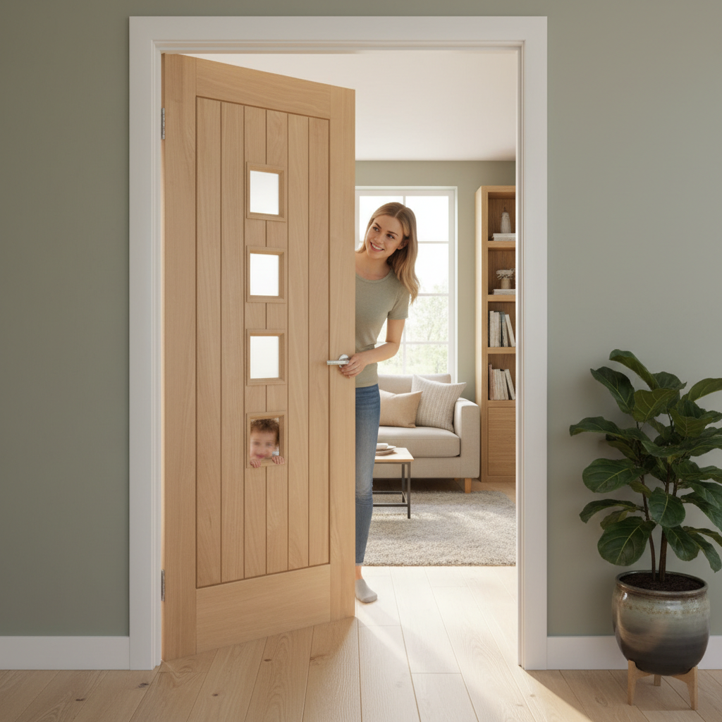 Premium Contemporary Oak Suffolk 4 Light Internal Door with Obscure Glazed Panes for Enhanced Privacy and Natural Light