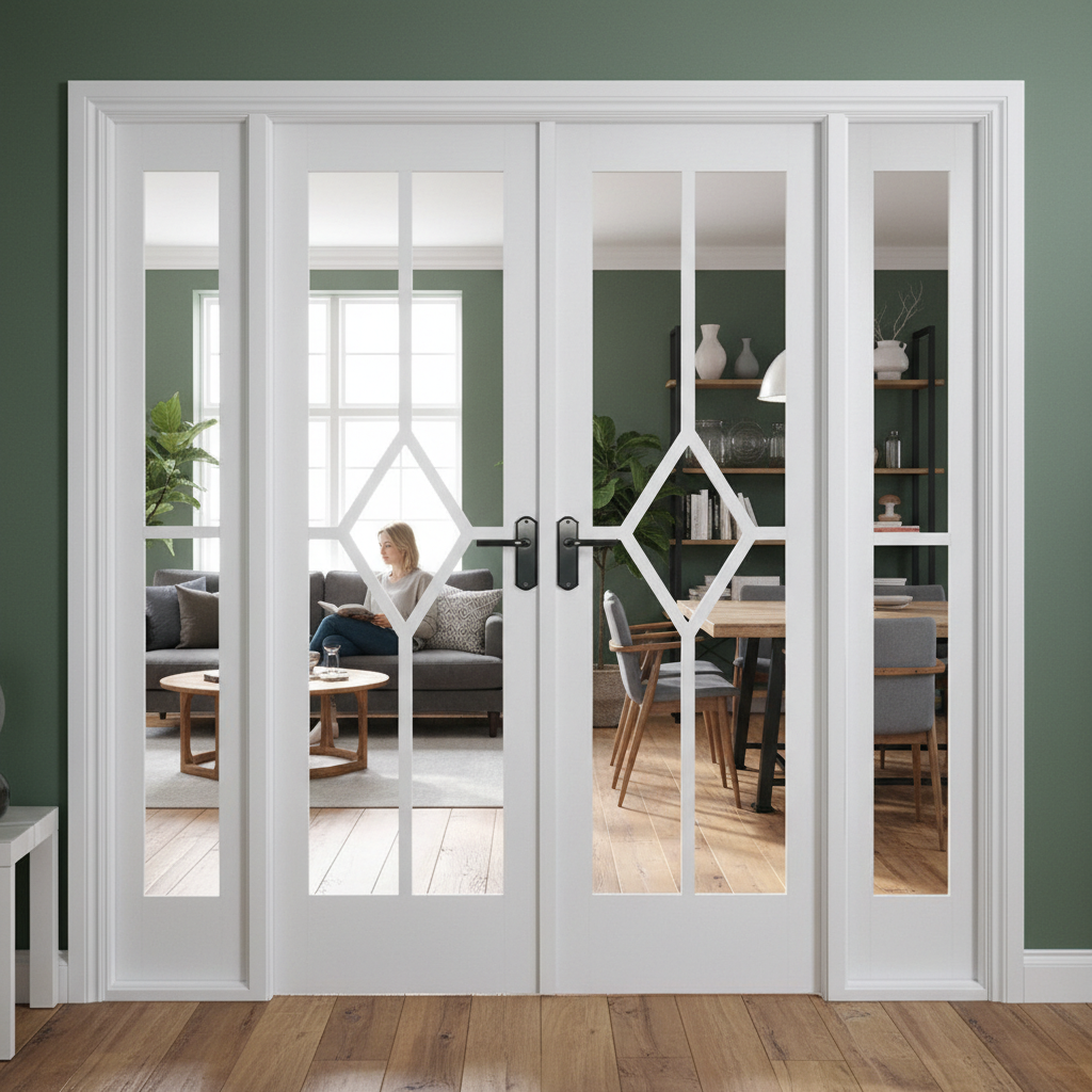 Premium Internal White Primed Room Divider Set with Clear Bevelled Glazing and Diamond Decorative Beading for Elegant Space Separation