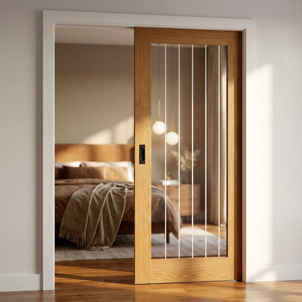 Internal Oak Pocket Door Set, Fully Finished, 1 Light Obscure Glazing, 100mm Frame - detail view