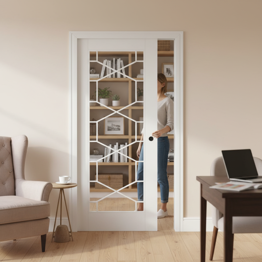 Premium White Glazed Pocket Door Set with Honeycomb Design and Adjustable Frame for Classic Home Decor
