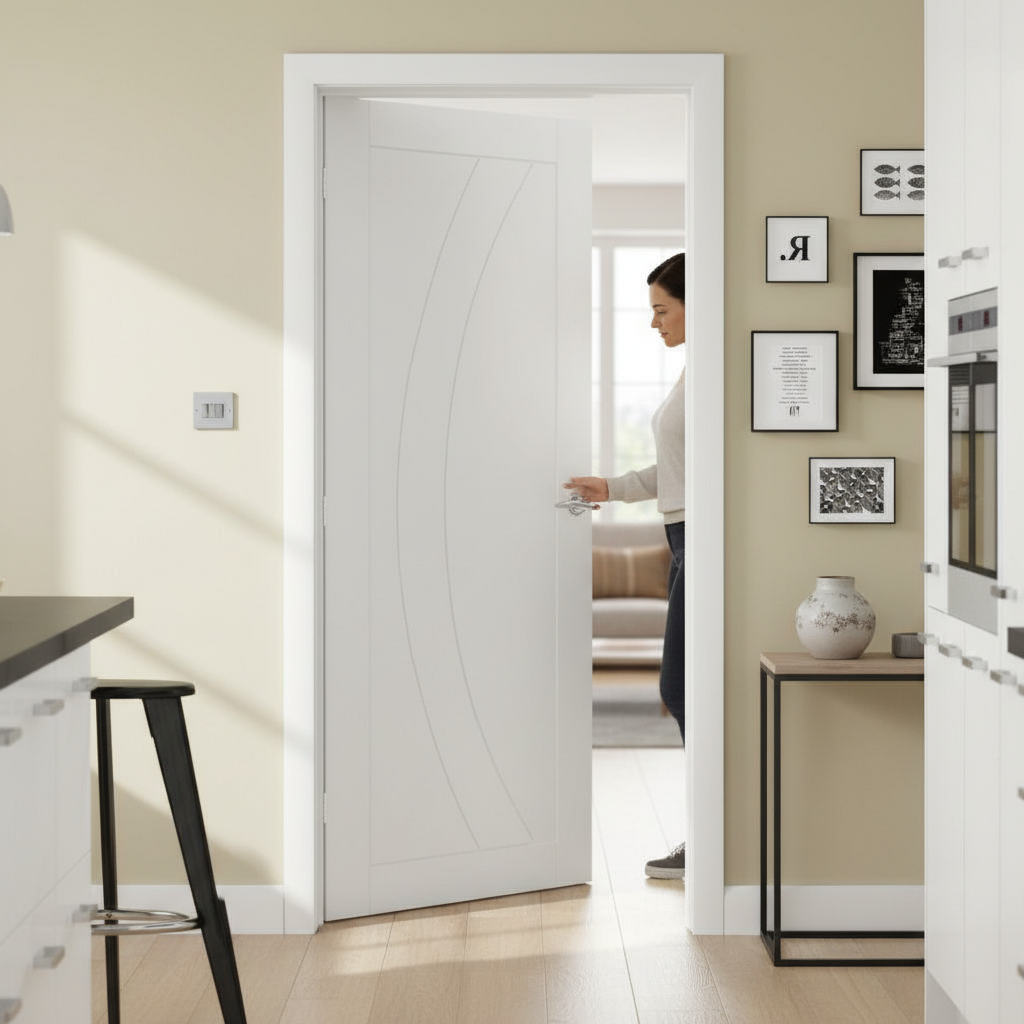 Premium White Primed Internal Door with Curved Design and Deep U-Grooves for Enhanced Style and Durability