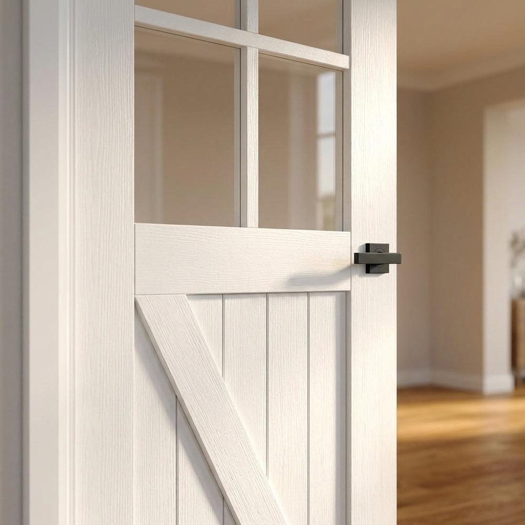 Internal White Barn Door with 4 Light Clear Glass - Primed Finish - detail view