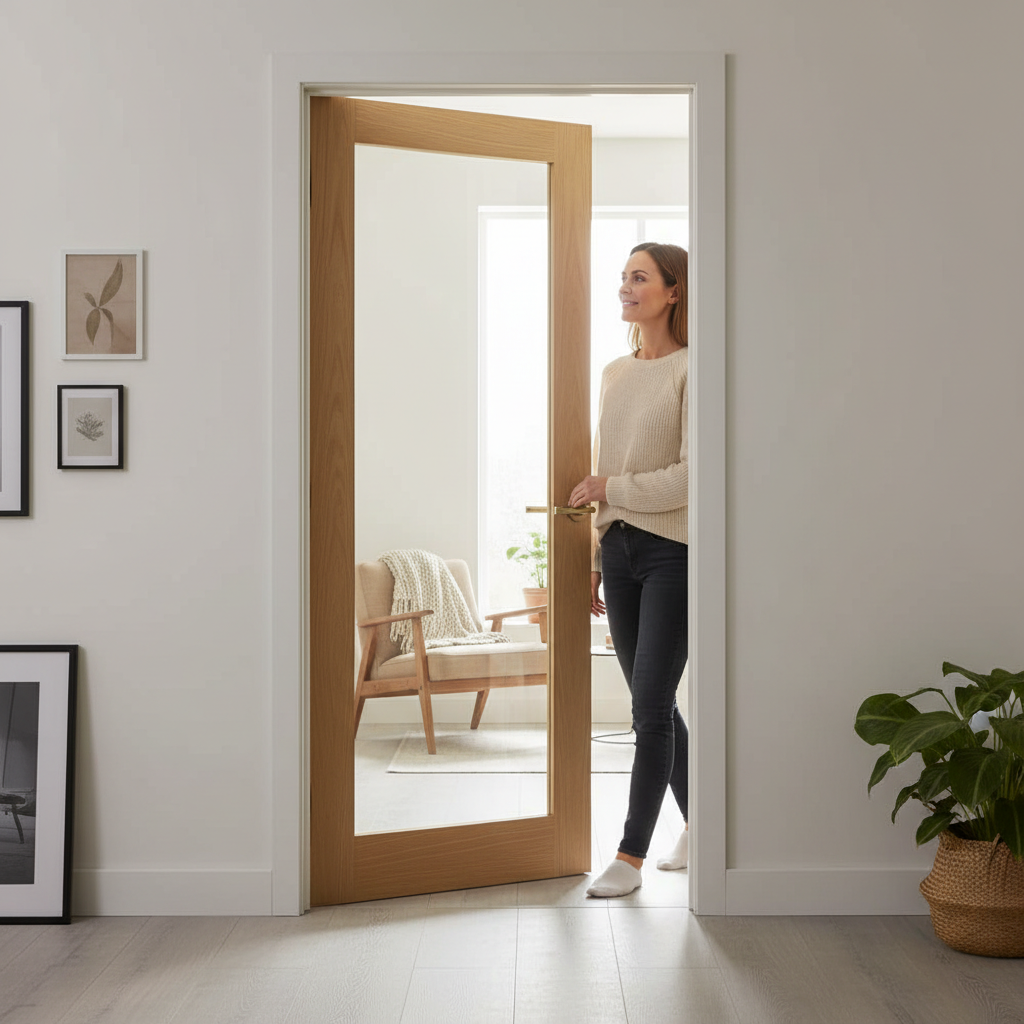 Premium Unfinished Clear Glazed Internal Door with Crown Cut American White Oak and Tempered Glass for Modern Interiors