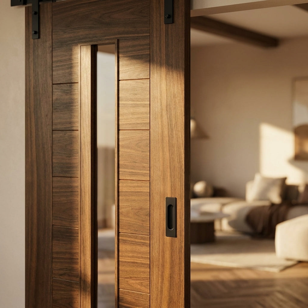 Walnut Internal Sliding Door Fully Finished with 1 Light Clear Glass - detail view