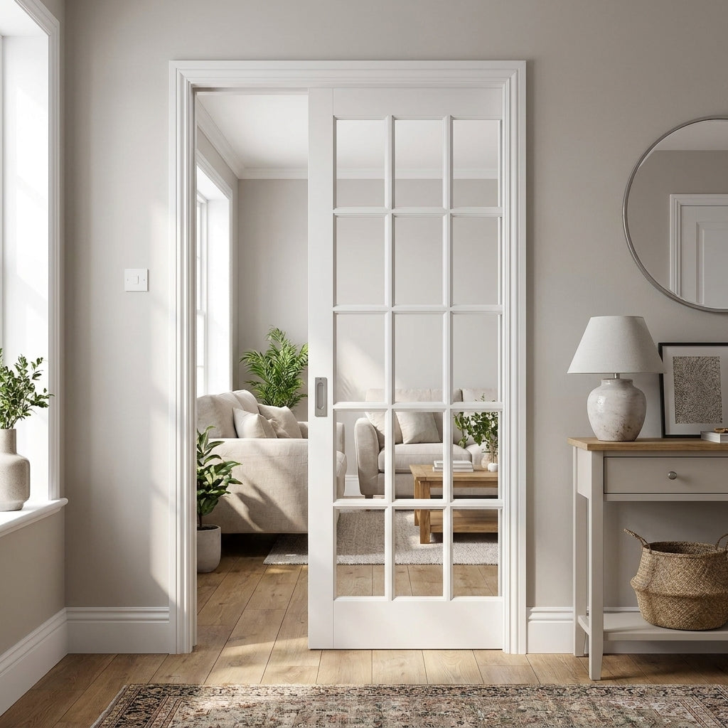 Internal Pocket Door Set with 15 Light Clear Glass, White Primed, Solid Core