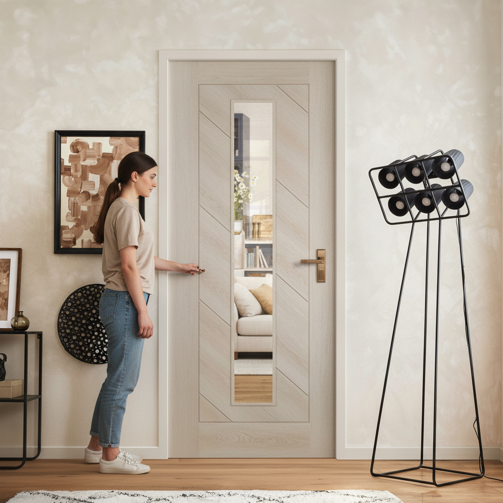Premium Fully Finished Internal Laminate Clear Glass Door with Dark Oak Finish for Contemporary Elegance