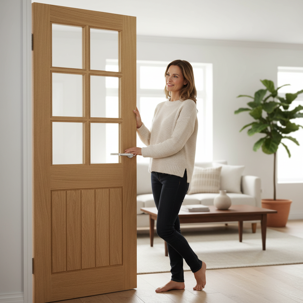 Premium Unfinished Internal Door with 6 Clear Glass Panels, Engineered Construction, and Solid Core Design for Enhanced Durability