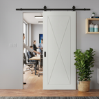 White Primed Internal Sliding Door with Clear Glass Panels and Black Steel Track for Modern Spaces - Image 2