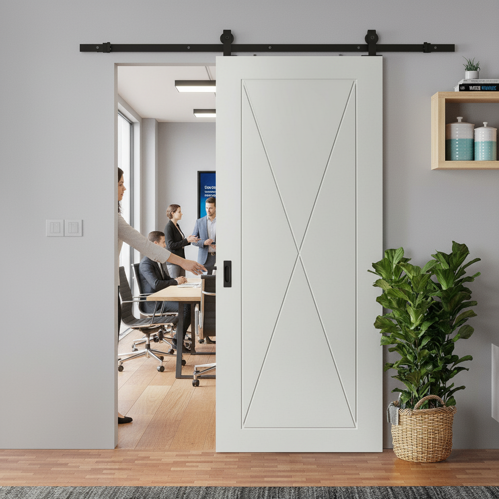 White Primed Internal Sliding Door with Clear Glass Panels and Black Steel Track for Modern Spaces - Image 2