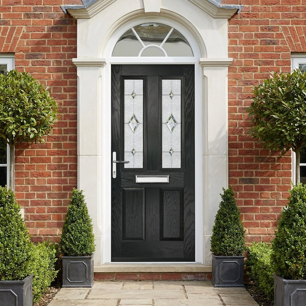 External Black Composite Front Door Set with Pre-Hung Clear Tivoli Glass