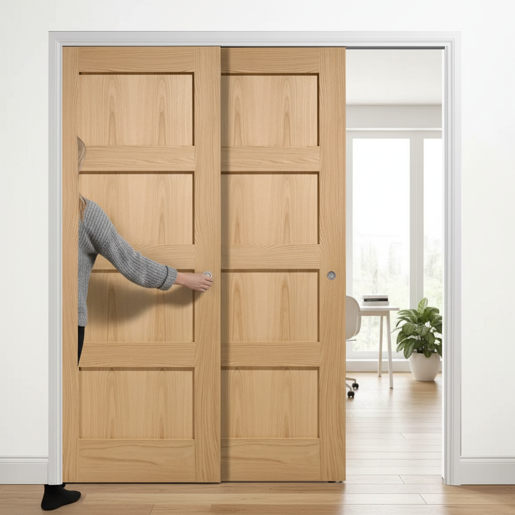 Premium 4 Panel Telescopic Pocket Door System with Oak Finish and Adjustable Features for Modern Living Spaces