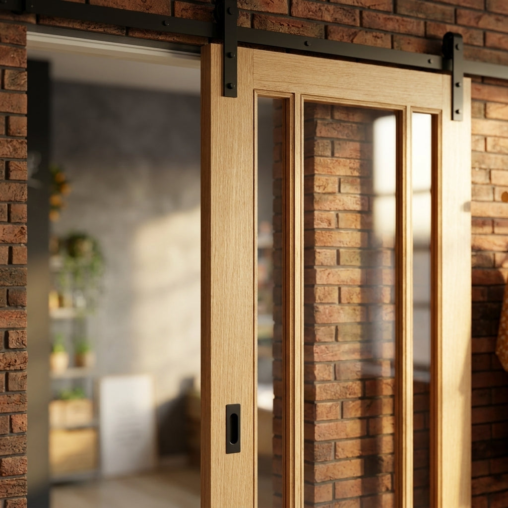 Internal Oak Sliding Door, Unfinished, 3 Light Clear Glass Glazing - detail view