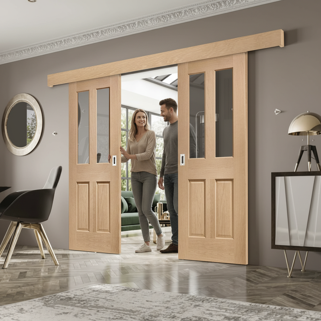 Premium Oak Double Sliding Door System with Clear Glazing and Versatile Track Mechanism