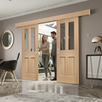 Premium Oak Double Sliding Door System with Clear Glazing and Versatile Track Mechanism