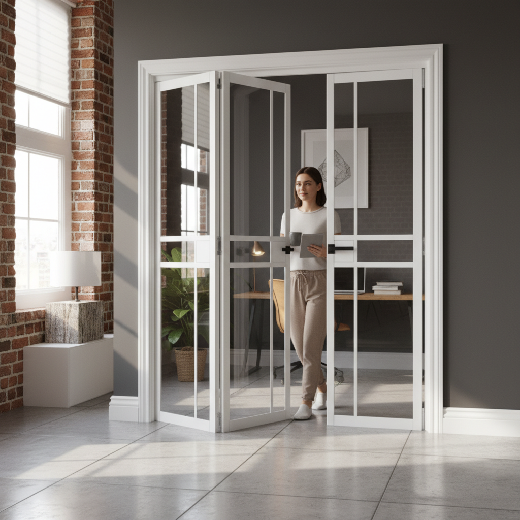 Premium Clear Glazed Industrial Style Room Divider with Adjustable Frame & Bi-Folding Mechanism for Seamless Space Management