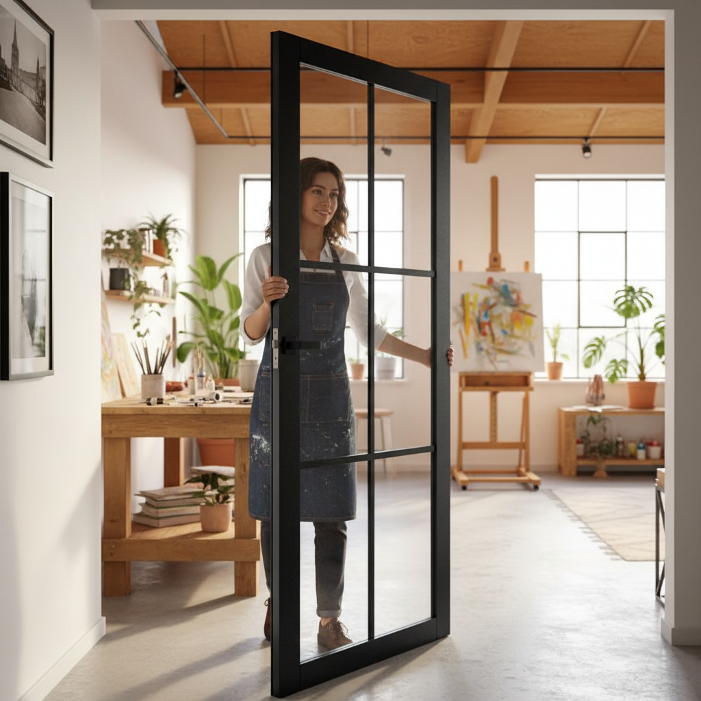 Internal Fully Finished 6 Light Clear Glass Industrial Studio Door with Toughened Panels and Lifetime Guarantee - Image 2
