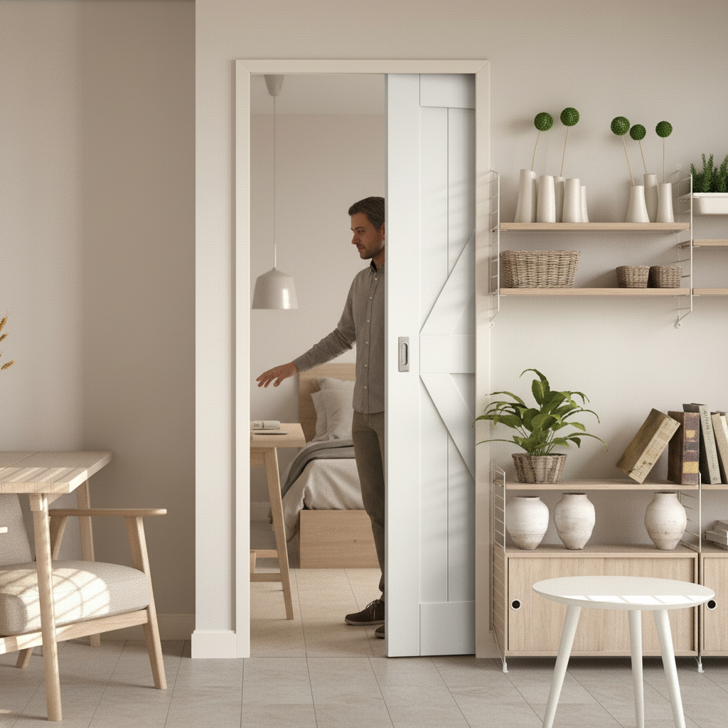 Premium White Primed Internal Barn Pocket Door Set with Rustic Design for Space Optimization - Image 2