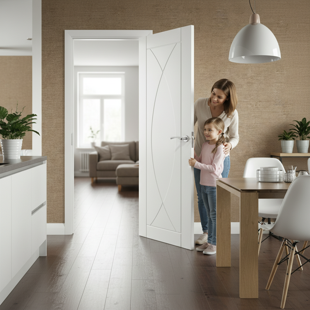 Premium Curved White Internal Door with Engineered Construction and Deep U-Grooves for Modern Design