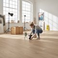 Premium 8mm Embossed Laminate Flooring in Khaki Oak - Durable Water-Resistant Surface for Kitchens and Bathrooms