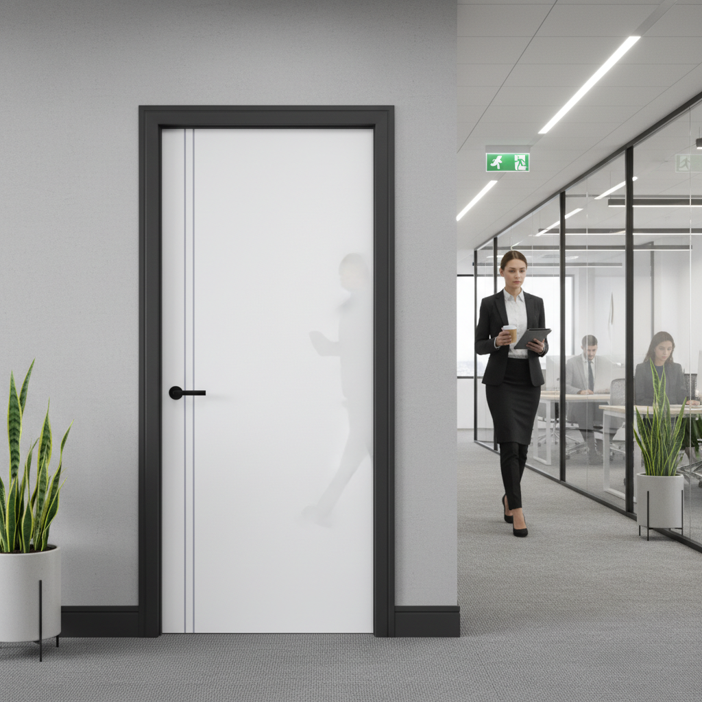 Premium Contemporary Fire Door with Satin White Lacquer Finish and Silver Inserts for Modern Interiors