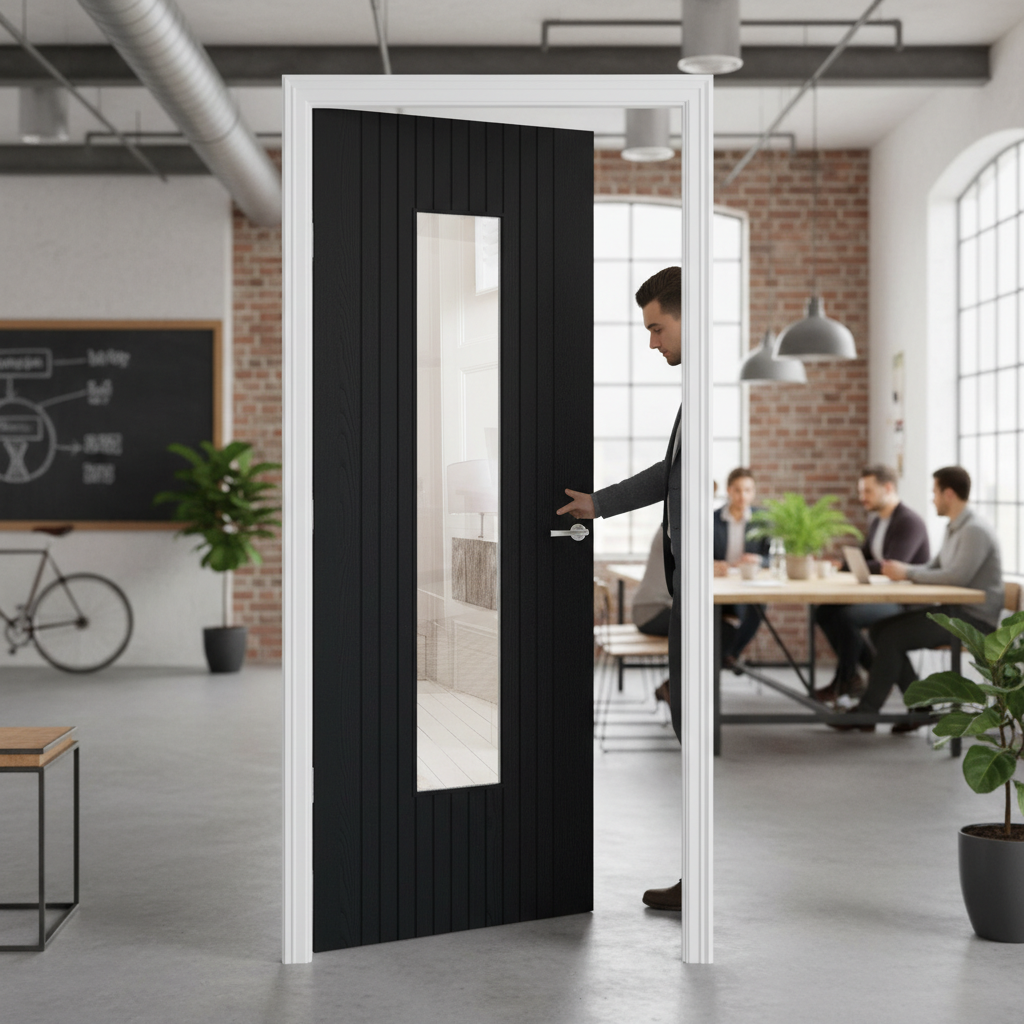 Premium Black Laminate Glazed Internal Door with Edge Banding and Modern Finish - High-Quality Professional Grade for Industrial and Commercial App...