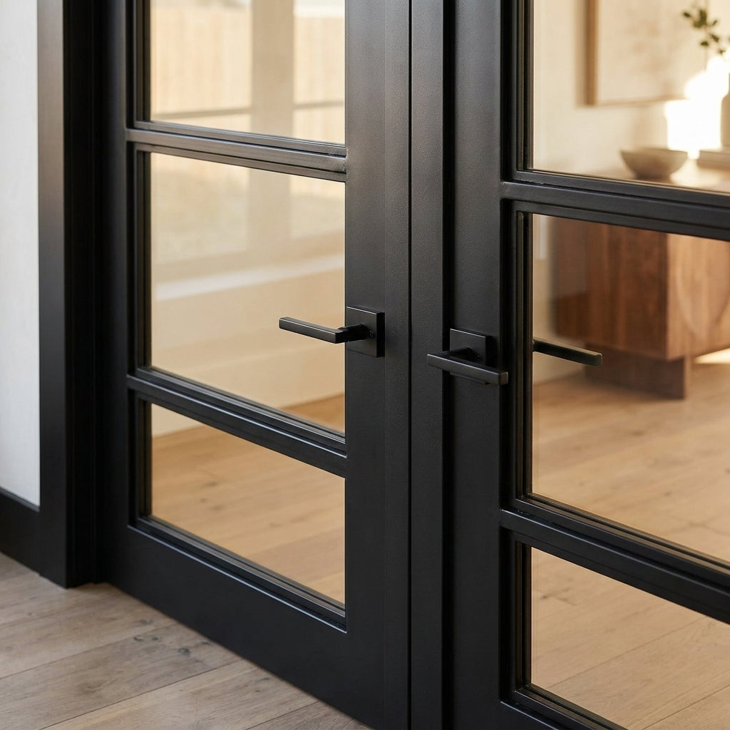 Internal French Door with 3 Light Clear Glass, Fully Finished in Jet Black - detail view