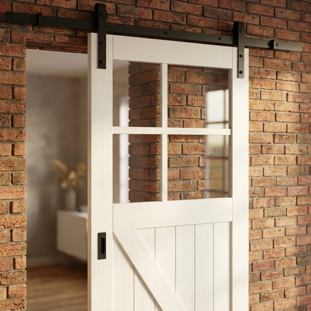 Internal White Primed Barn Sliding Door with 4 Light Clear Glass - detail view