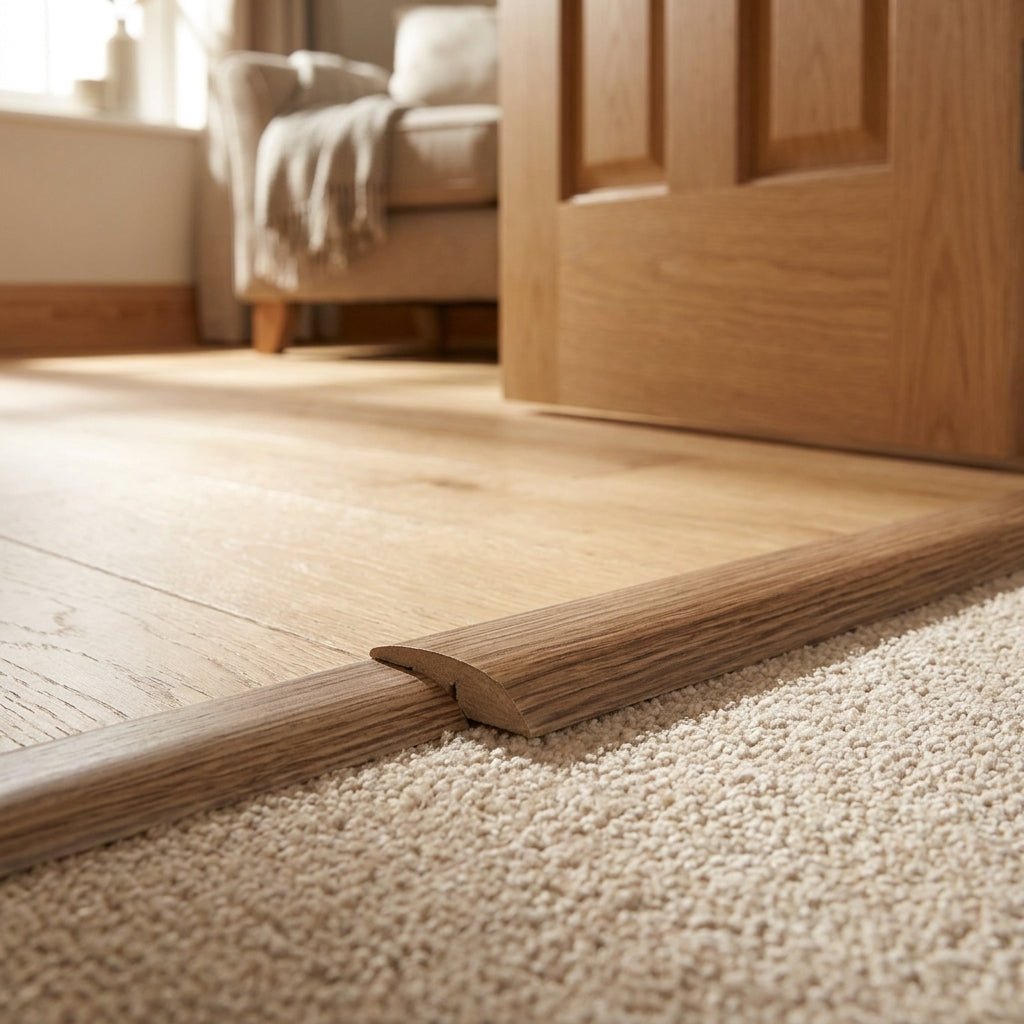1m Laminate Adapting Door Profile - Medium Oak Finish - detail view