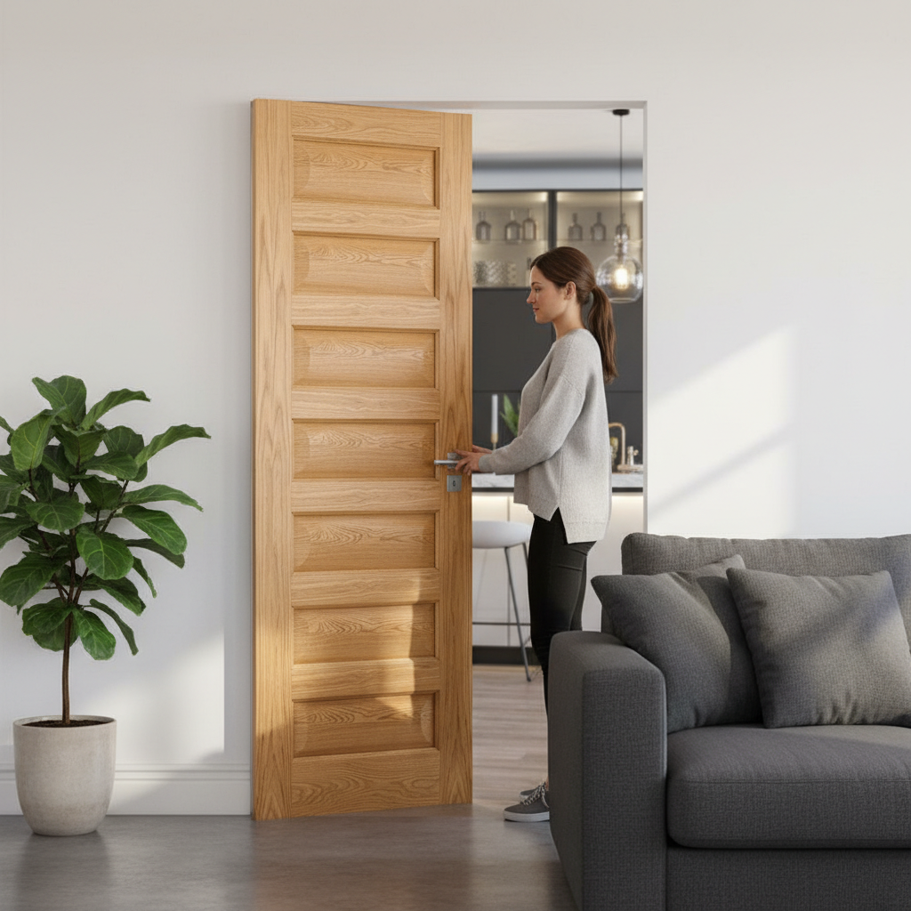 Premium Oak Flush Pocket Door Set with No Bottom Track, Space-Saving Design and 15-Year Guarantee