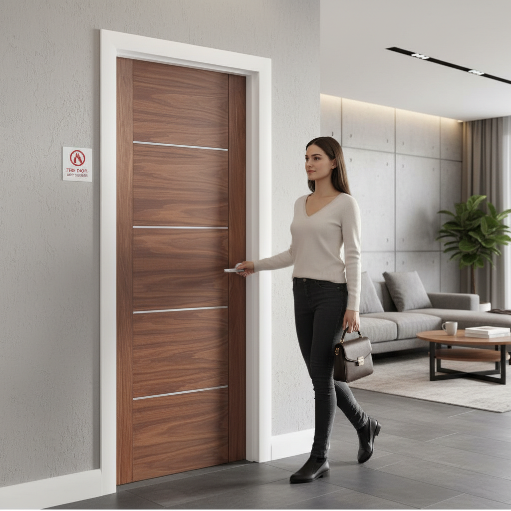 Premium Fully Finished Walnut FD30 Fire Door with Aluminium Inlays for Contemporary Interiors