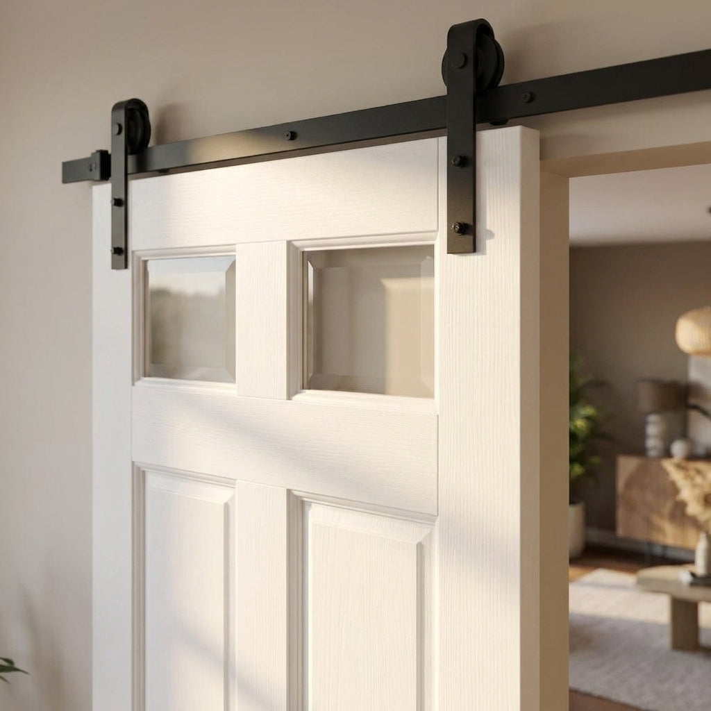 Internal White Sliding Door Primed Finish 2 Panel 2 Light Clear Bevelled Glass - detail view