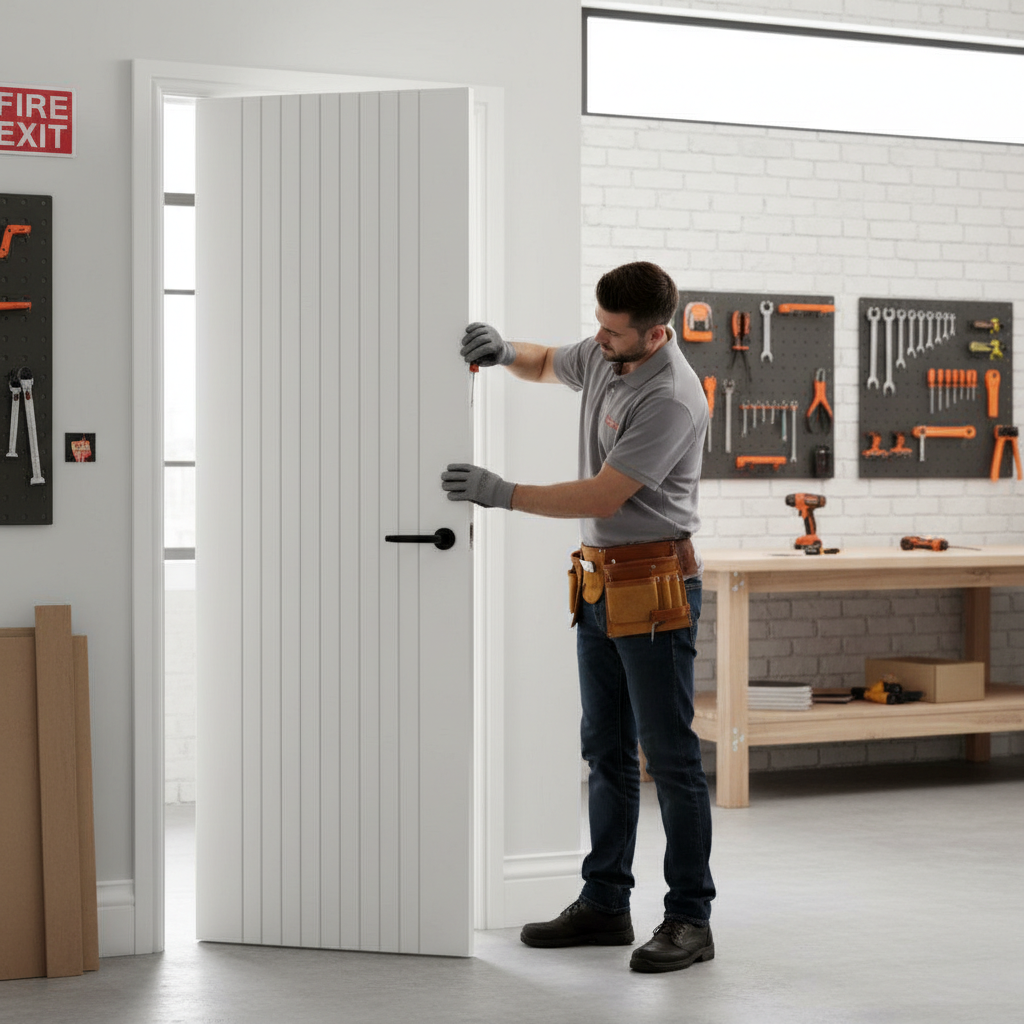 Premium White Fluted Fire Door with Solid Core Construction and 30-Minute Fire Rating