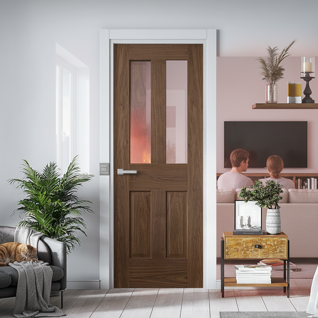 Premium Internal Walnut Fully Finished 4 Panel Victorian FD30 Fire Door with Solid Engineered Core and 30-Minute Fire Resistance - Image 2