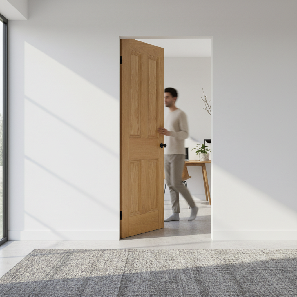 Premium Oak Flush Pocket Door Set with Bevelled Panels and Space-Saving Design - High-Quality Professional Grade for Industrial and Commercial Appl...