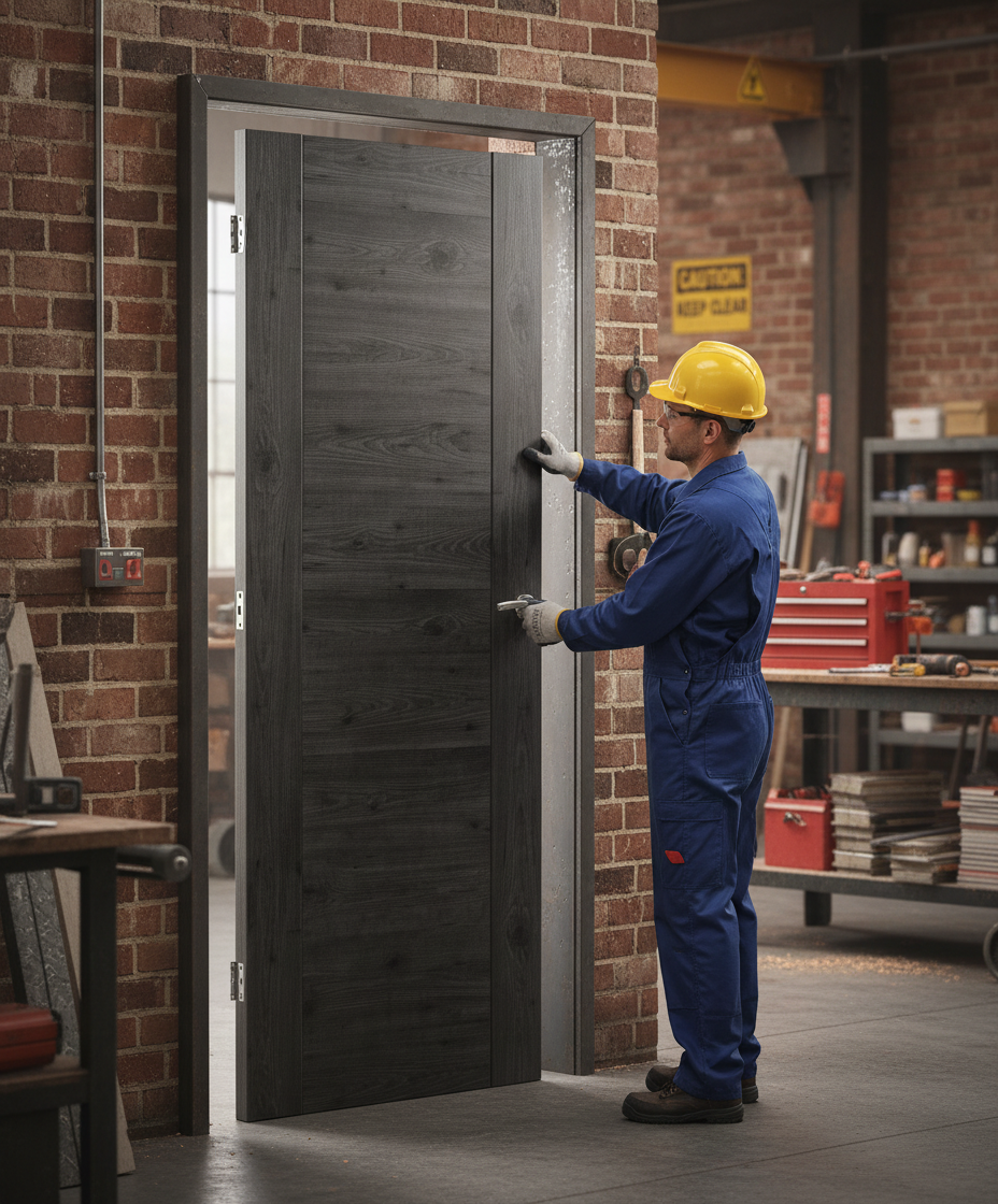 Premium FD30 Fire Door with Dark Grey Walnut Laminate Finish and Low Maintenance Design