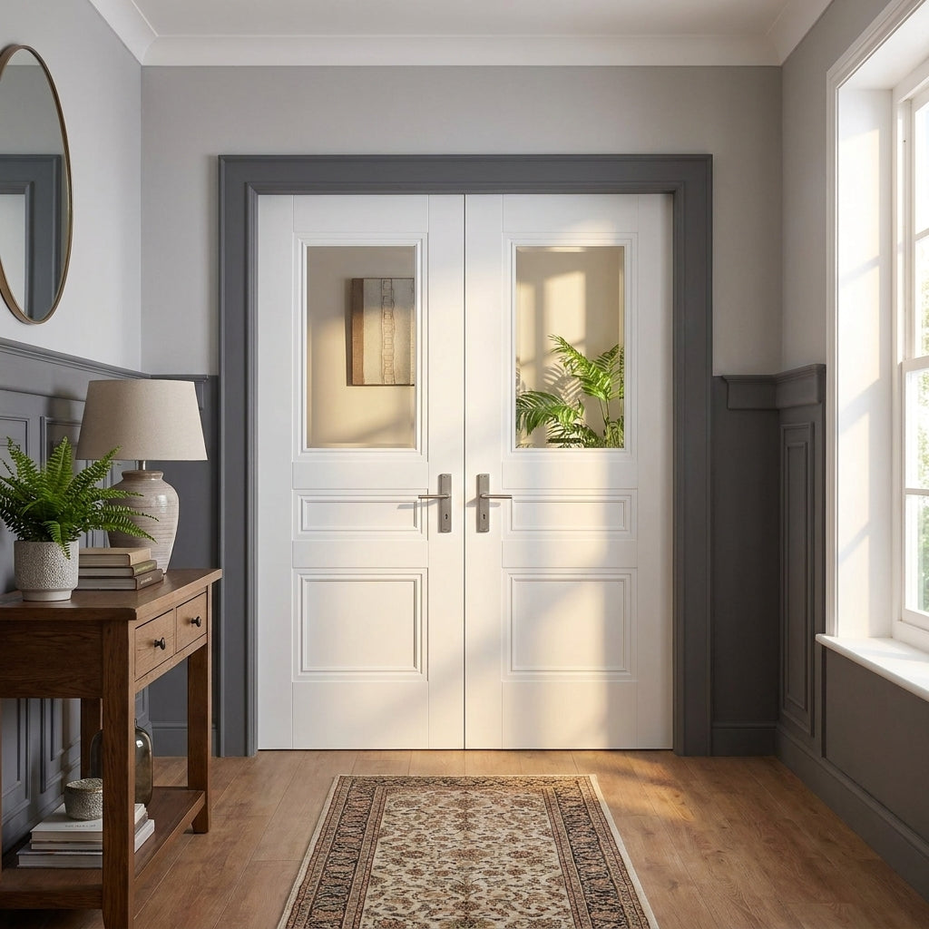 Internal French Door with 1 Light Clear Toughened Glass, White Primed, Engineered Core