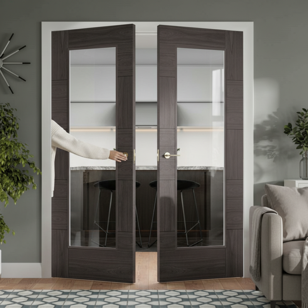 Premium Clear Glazed Door Pair in Umber Grey Laminate with High-Performance Features