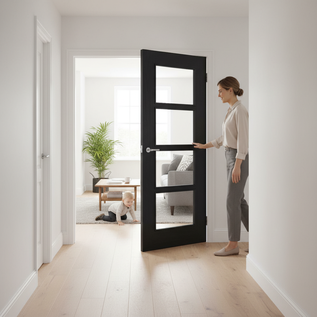 Premium Charcoal Black Glazed Internal Door with Toughened Safety Glass and Engineered Construction for Maximum Light Flow