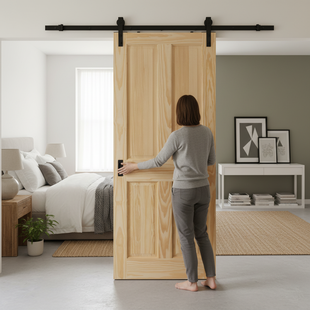Premium Clear Pine Internal Unfinished 4 Panel Sliding Door with Top Mounted System - Image 2