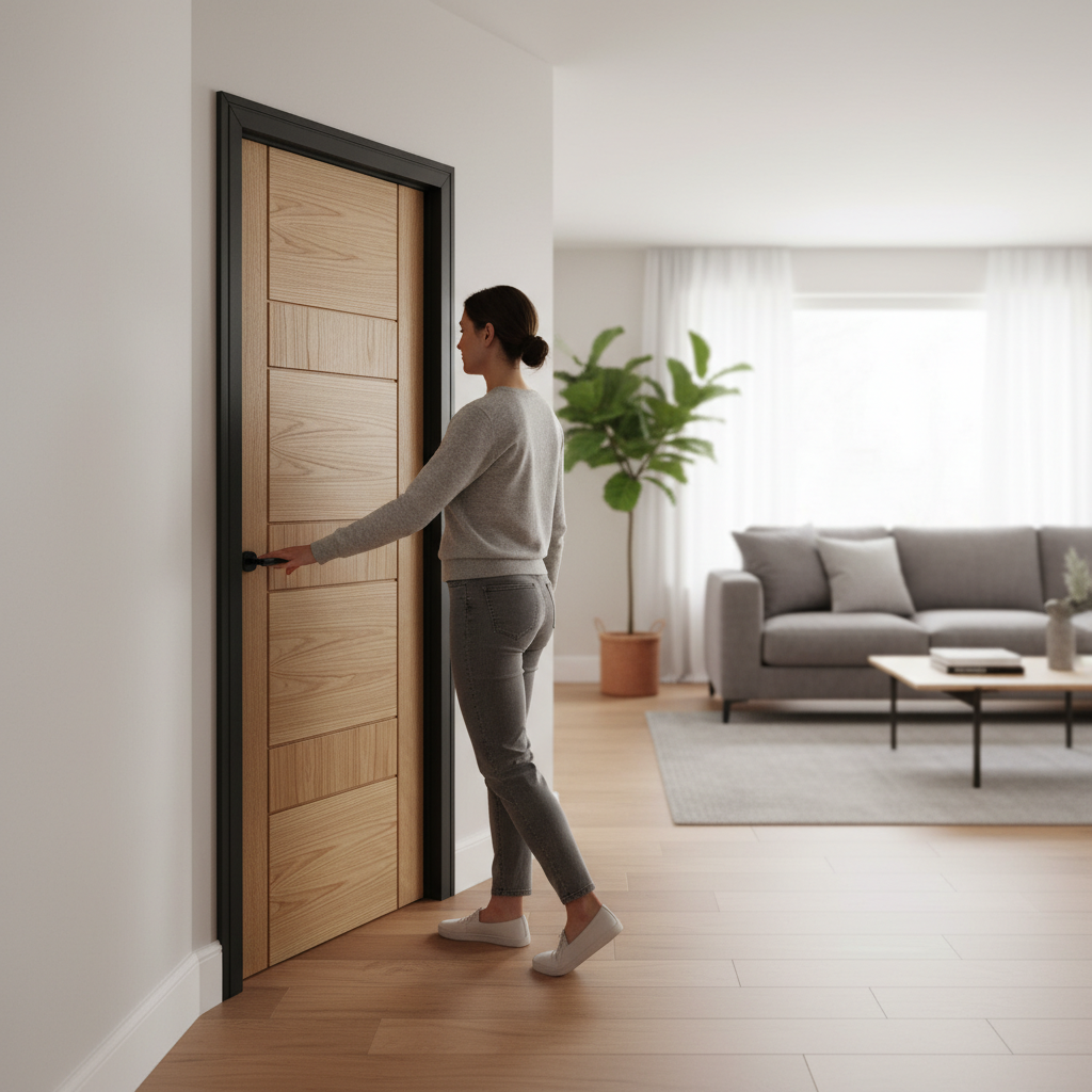 Premium Fully Finished Contemporary Oak Internal Door with V Grooves and Glazed Option