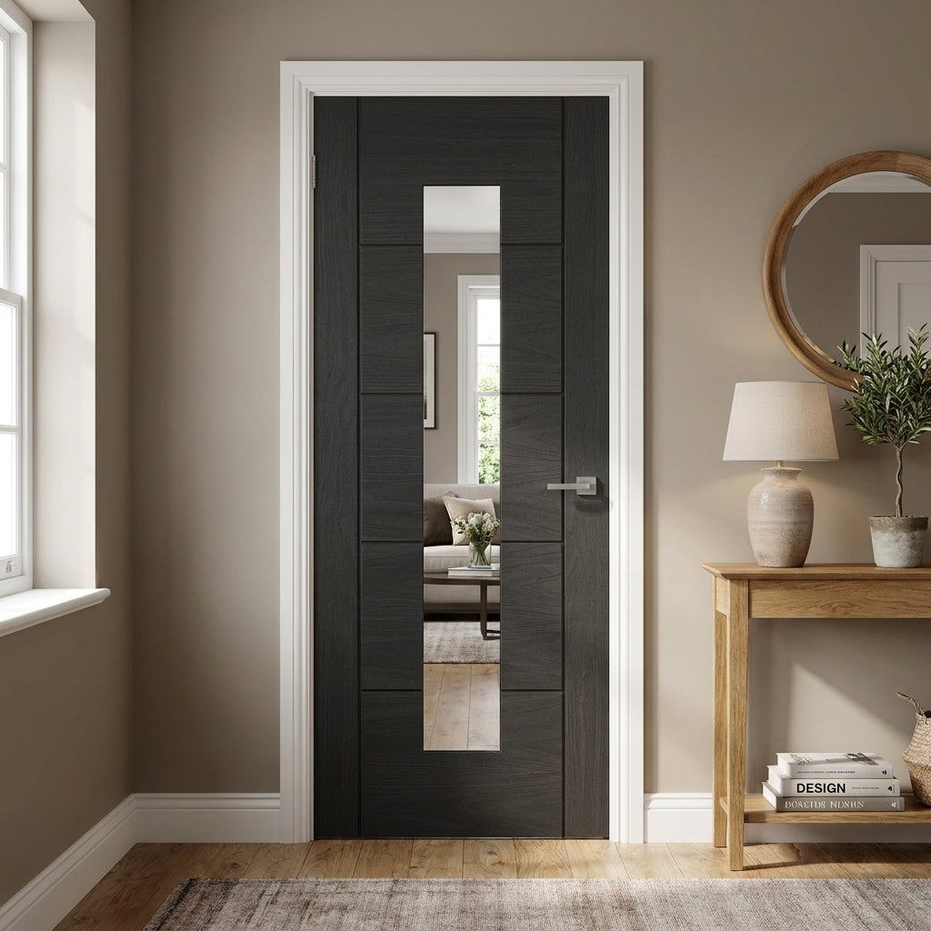 Internal Oak Door Black Fully Finished with 1 Light Clear Glass, Made-to-Measure