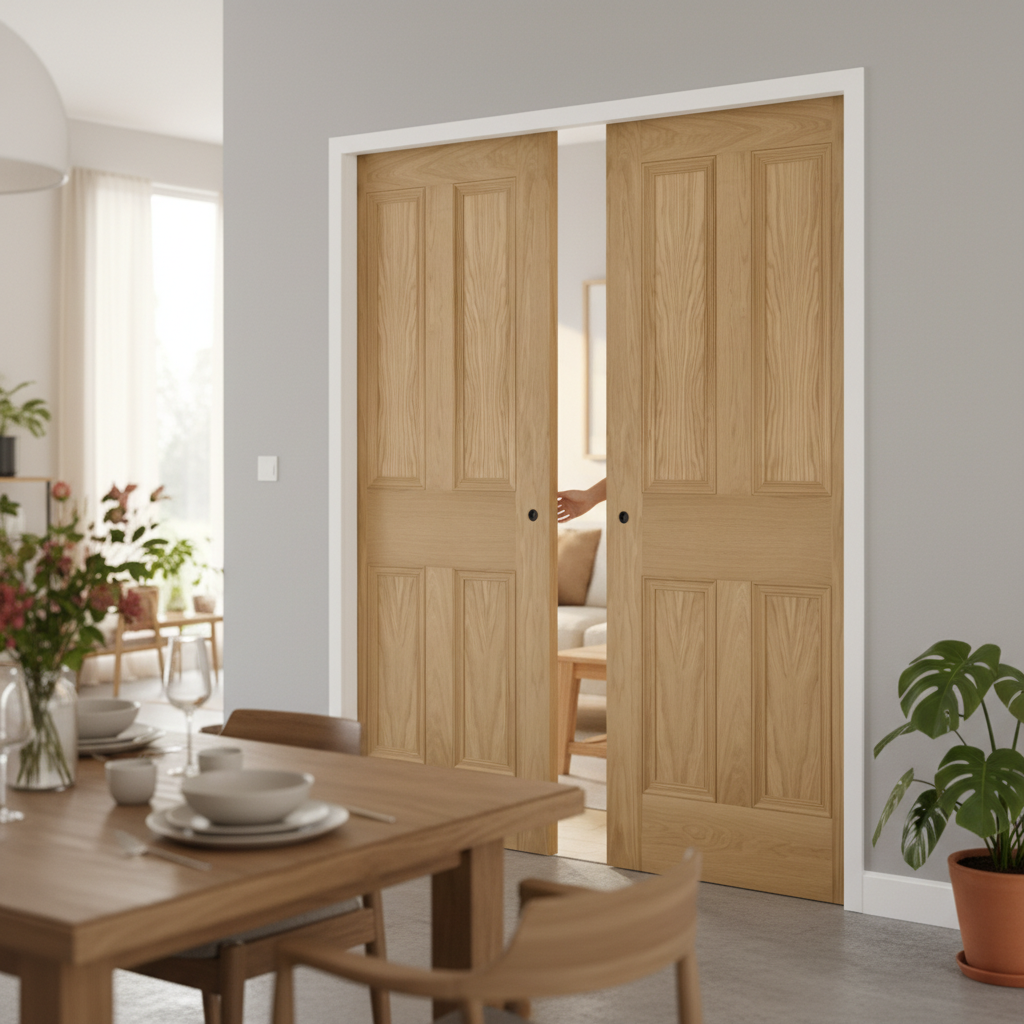 Premium Oak Double Pocket Door Set with Galvanised Steel Frame, Customizable Finish, and Practical Sliding Functionality