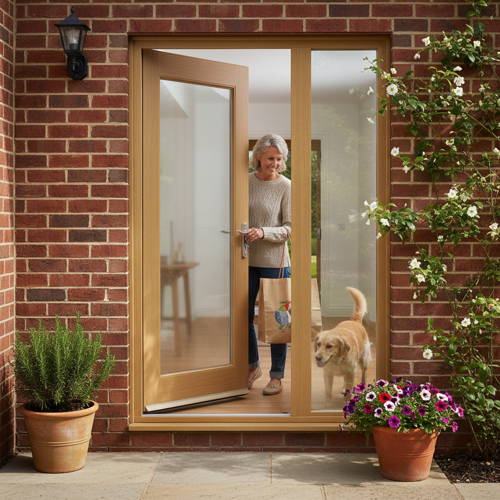Premium Oak Pattern 10 Part L External Door with Double Glazed Panel, Engineered Construction, and Solid Core Design