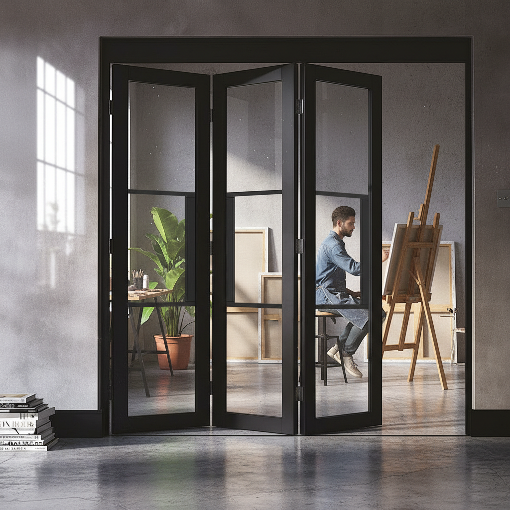 Premium Industrial Style Folding Doors with Clear Glass - 3 Door Room Divider, Slim Profile, and Top Hung Design for Modern Spaces