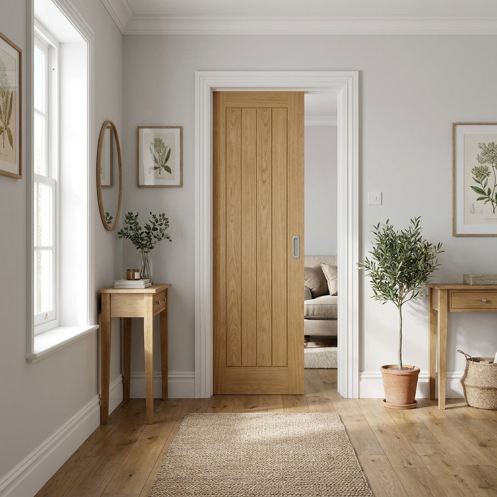 Internal Pocket Door Set Oak Fully Finished with 100mm Framed Solid Core
